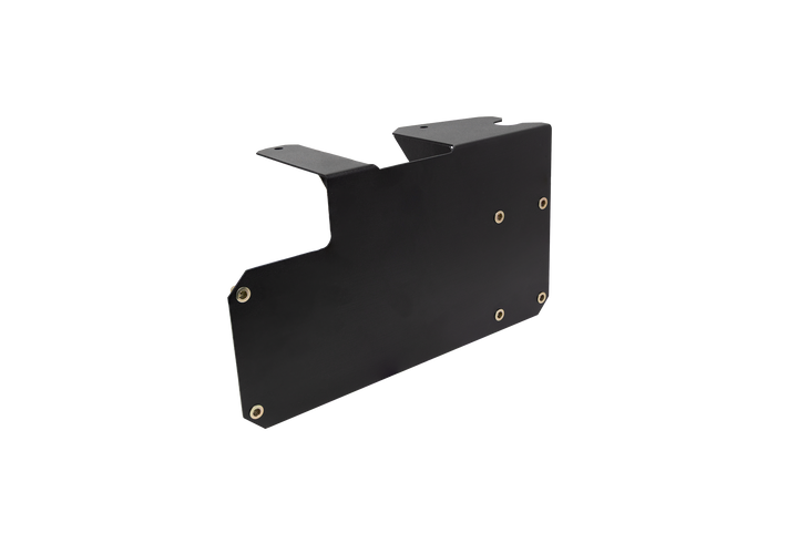 Black metal mounting bracket with threaded inserts