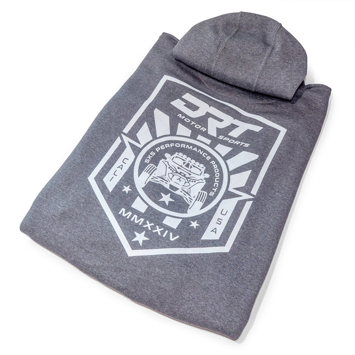 Drt motorsports hoodie in charcoal grey logo view