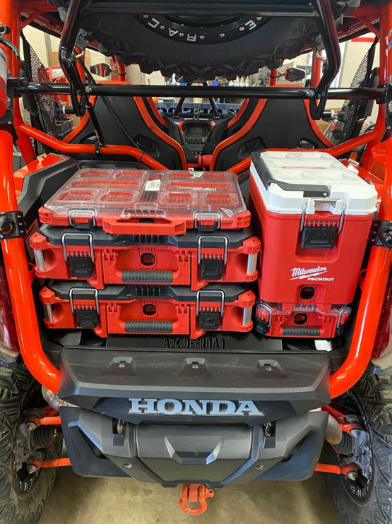 Honda Talon Milwaukee Packout Mount 1.5 AJK Offroad with three wide kits and one kit plus cooler