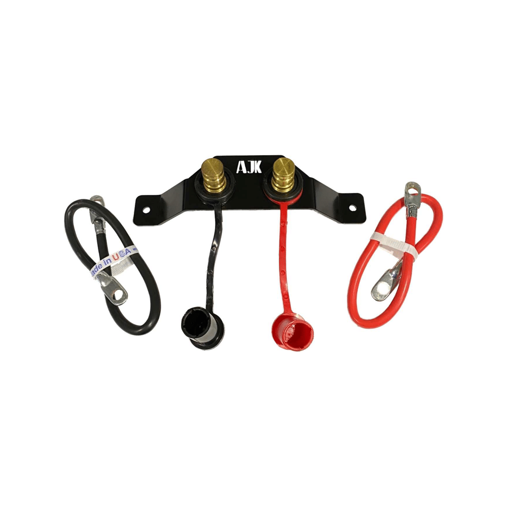 Battery Terminal Relocation Kit by AJK Offroad opened and with battery cables