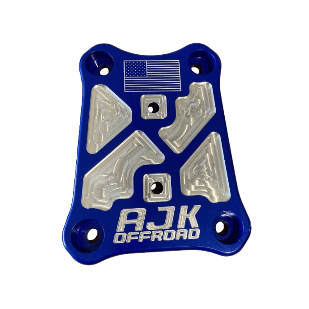 Polaris Pro R / Turbo R Billet Radius Rod Plate / Pull Plate AJK Offroad Close Up of Rod Plate in Blue  