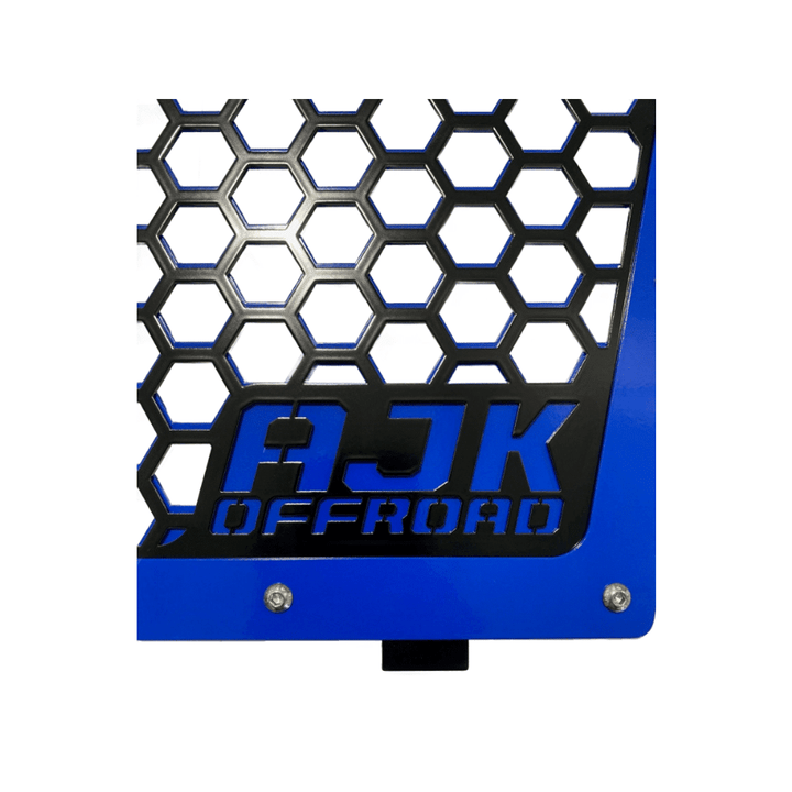 Kawasaki KRX Front Grill by AJK Offroad in Blue Close Up of Logo 