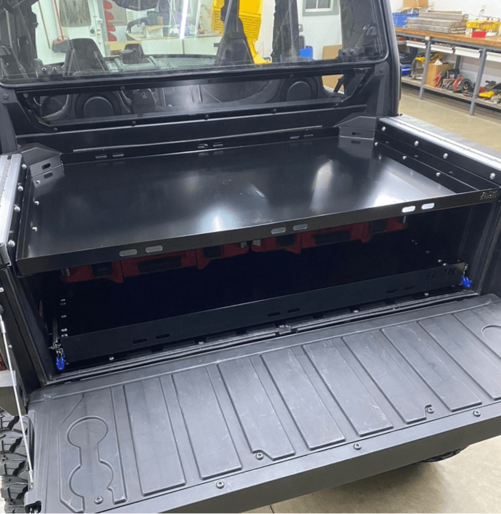 Polaris Xpedition Bed Tray by AJK Offroad  Back Left Angle View Mounted Lower with Bed Drawer Closed with Two Loadout Kits and Tailgate Open 