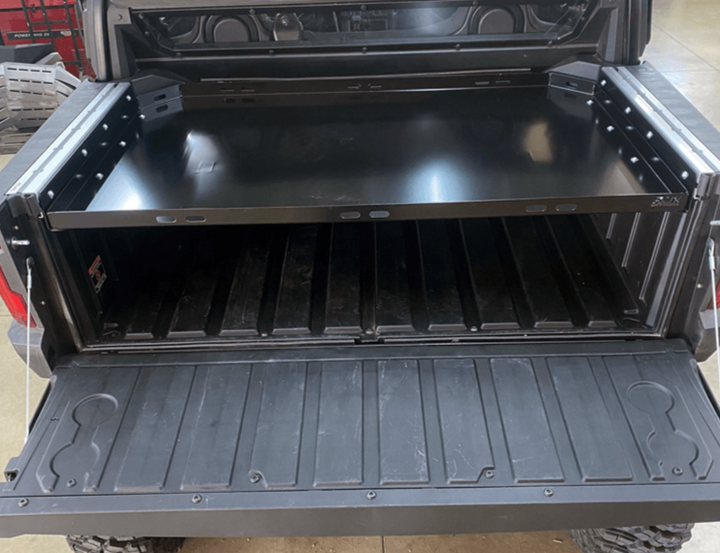 Polaris Xpedition Bed Tray by AJK Offroad  Back View Mounted Lower with Tailgate Door Opened 