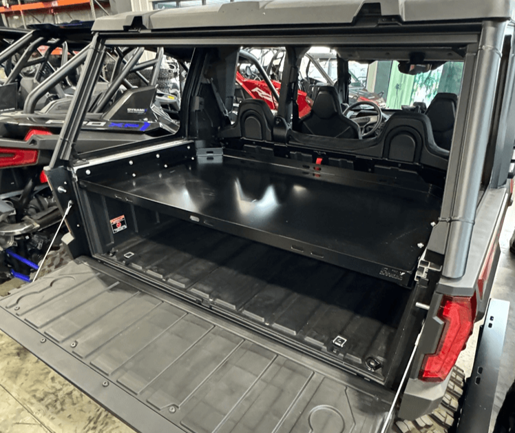 Polaris Xpedition Bed Tray by AJK Offroad Right Angle View Mounted Low with Tailgate Open   