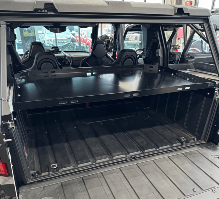 Polaris Xpedition Bed Tray by AJK Offroad Close Up Left Angle View with Tailgate Open  