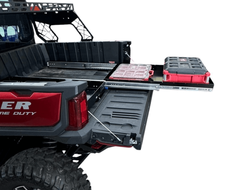 Polaris Ranger 1500XD Bed Drawer by AJK Offroad Side View Close Up of Extended Drawer with Gear