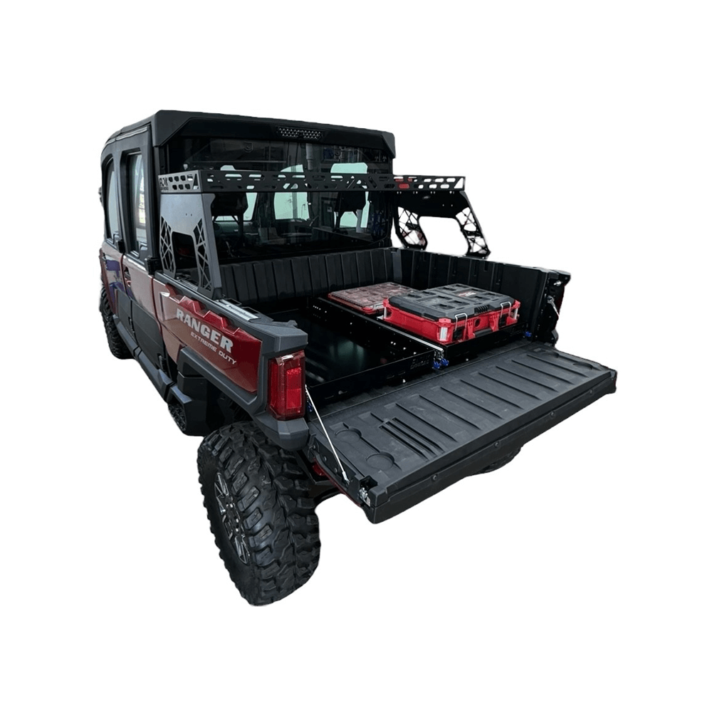 Polaris Ranger 1500XD Bed Drawer by AJK Offroad Side View with Gear Stored