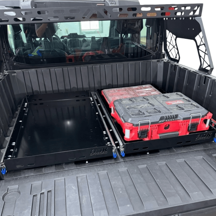 Polaris Ranger 1500XD Bed Drawer by AJK Offroad Two Drawers Closed, One Has Gear