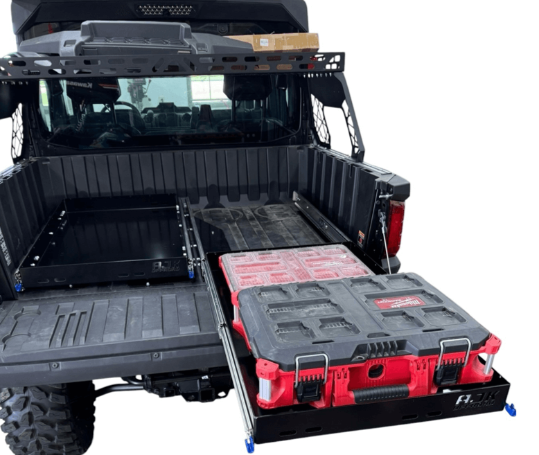 Polaris Ranger 1500XD Bed Drawer by AJK Offroad Close Up Back Side View of Extended Drawer with Gear