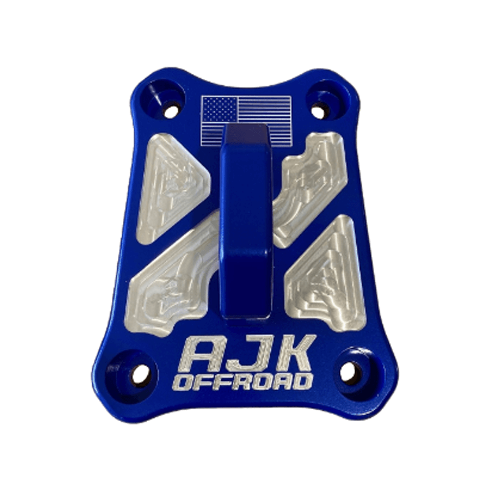 Polaris Pro R / Turbo R Billet Radius Rod Plate / Pull Plate by AJK Offroad Close Up of Pull Plate in Blue 