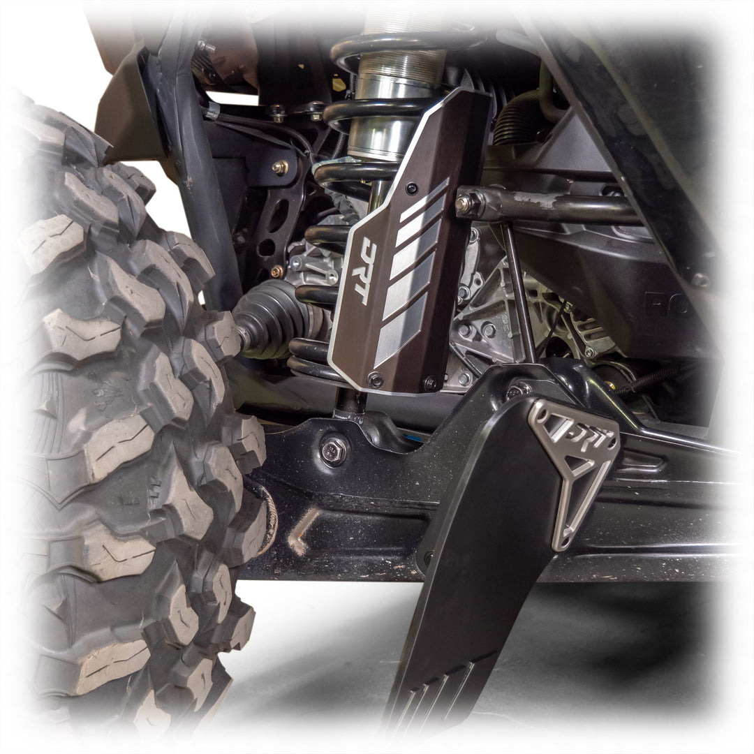 Rear aluminum shock guard set for Maverick R / X3, bold design, stainless hardware, ready to powder-coat