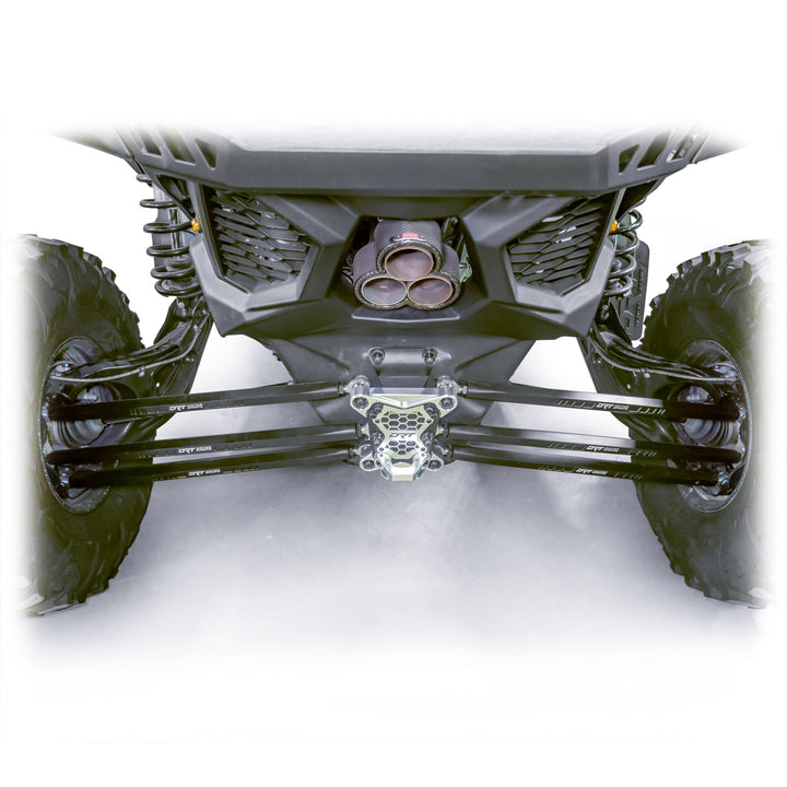 Installed barrel radius rod kit under rear control arm of Maverick X3 Full view