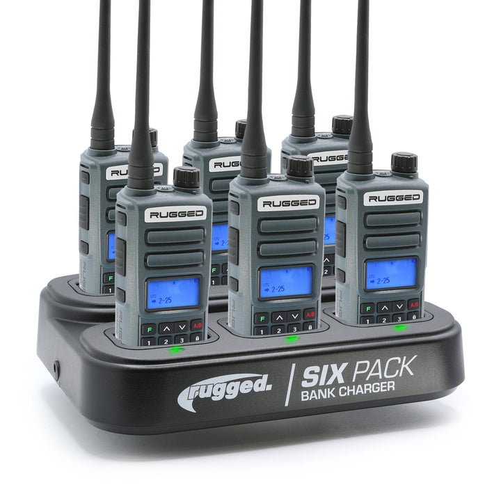 6 Pack - Rugged GMR2 PLUS - GMRS and FRS Two Way Handheld Radios with Bank Charger - Safety Orange