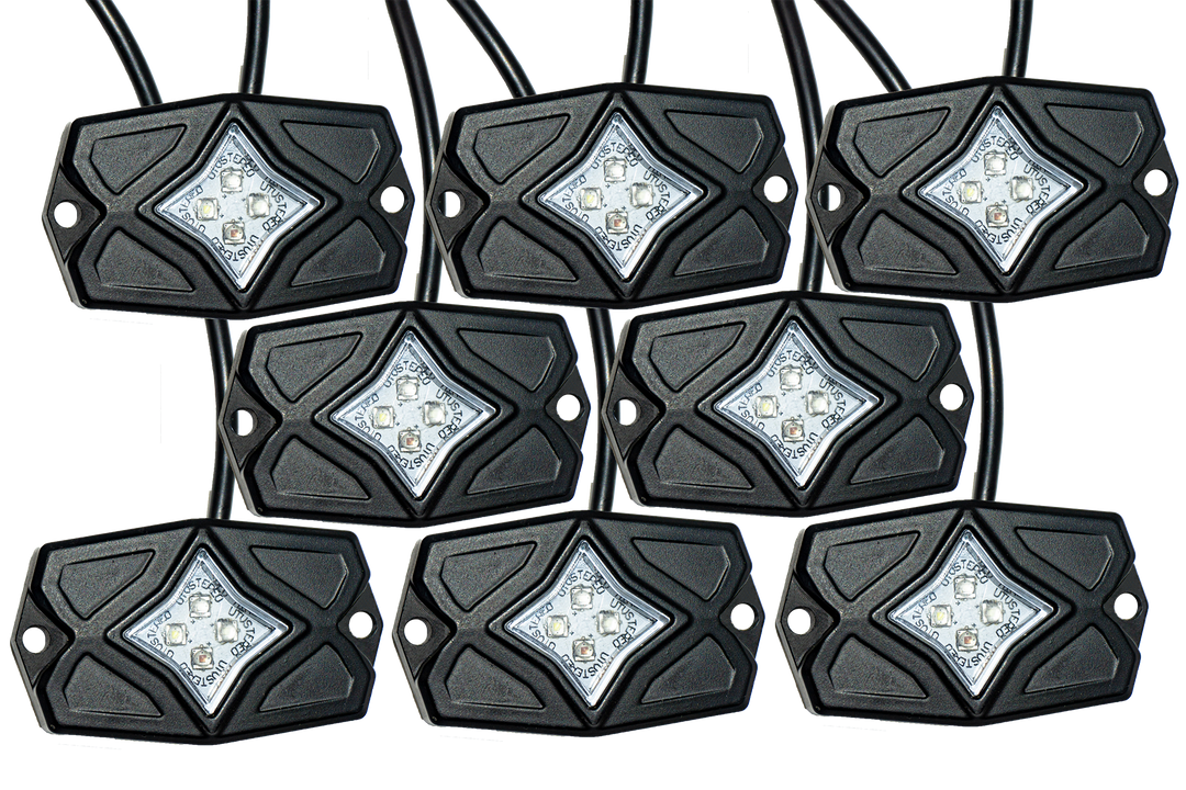 Seven UTV Stereo black LED rock light pods arranged in a grid