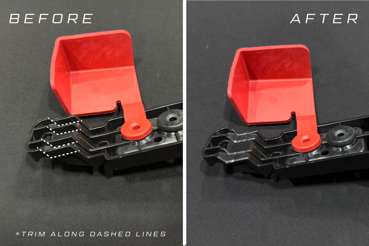 Comparison showing plastic part before and after trimming along indicated dashed lines