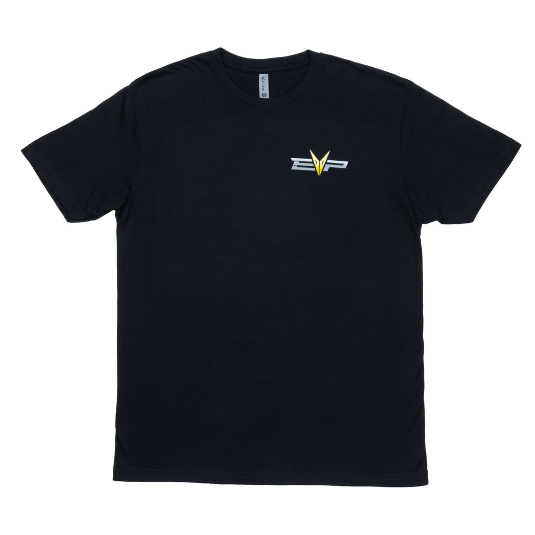 Black Turbo Skull T-Shirt with EVP logo on front left chest and turbo skull graphic on back