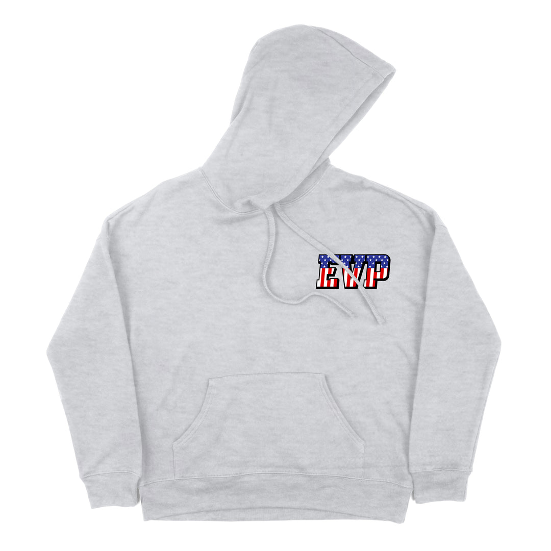 Gray EVP hoodie with American Flag styling and front and back logos