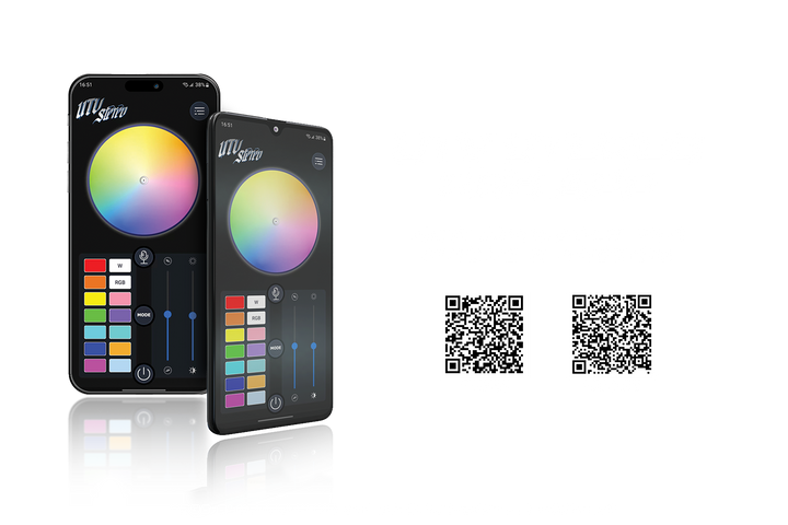 Two smartphones displaying the UTV Stereo app interface with color wheels and two QR codes