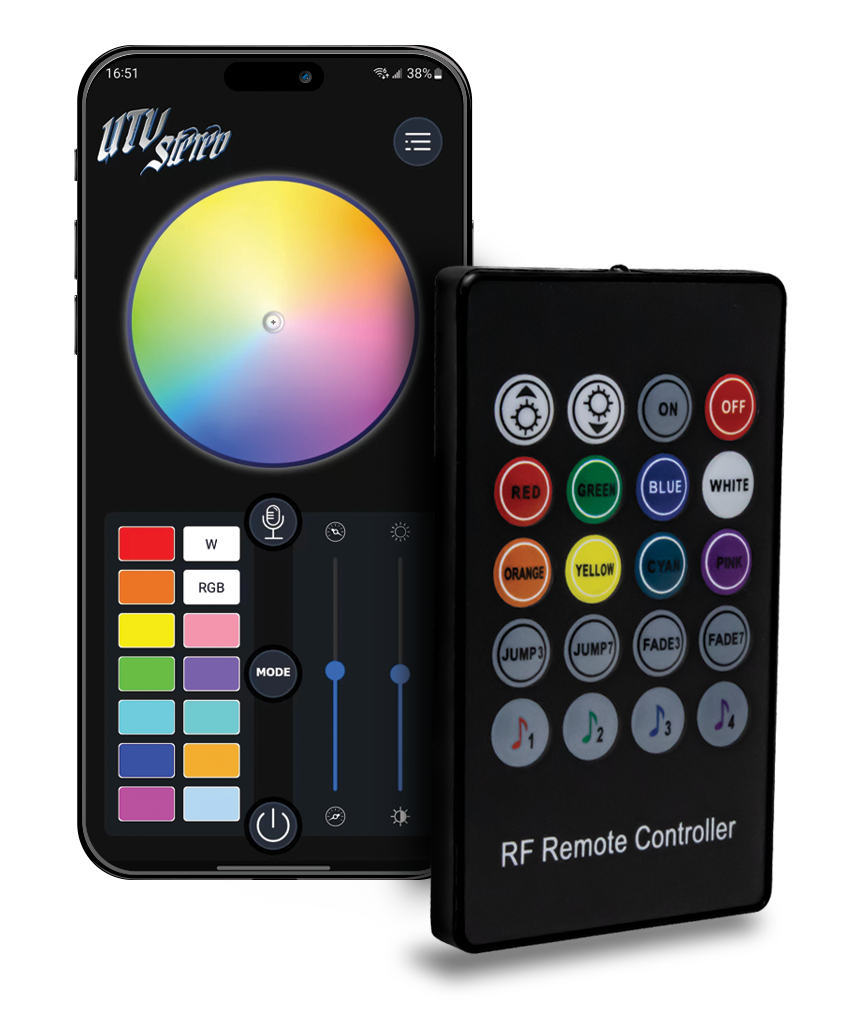 UTV Stereo smartphone app interface and handheld RF remote controller for LED lighting