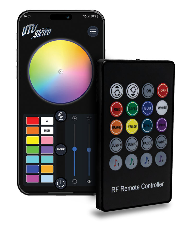 UTV Stereo smartphone app interface and handheld RF remote controller for LED lighting