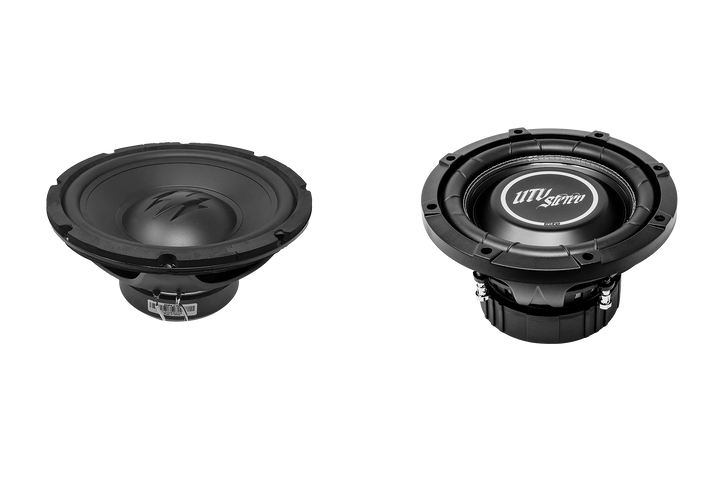 Two UTV Stereo Elite subwoofers shown from front and side angles