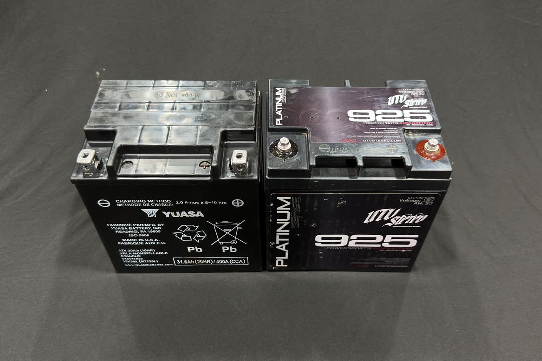 Yuasa and UTV Stereo Platinum Series 925 AGM batteries side by side