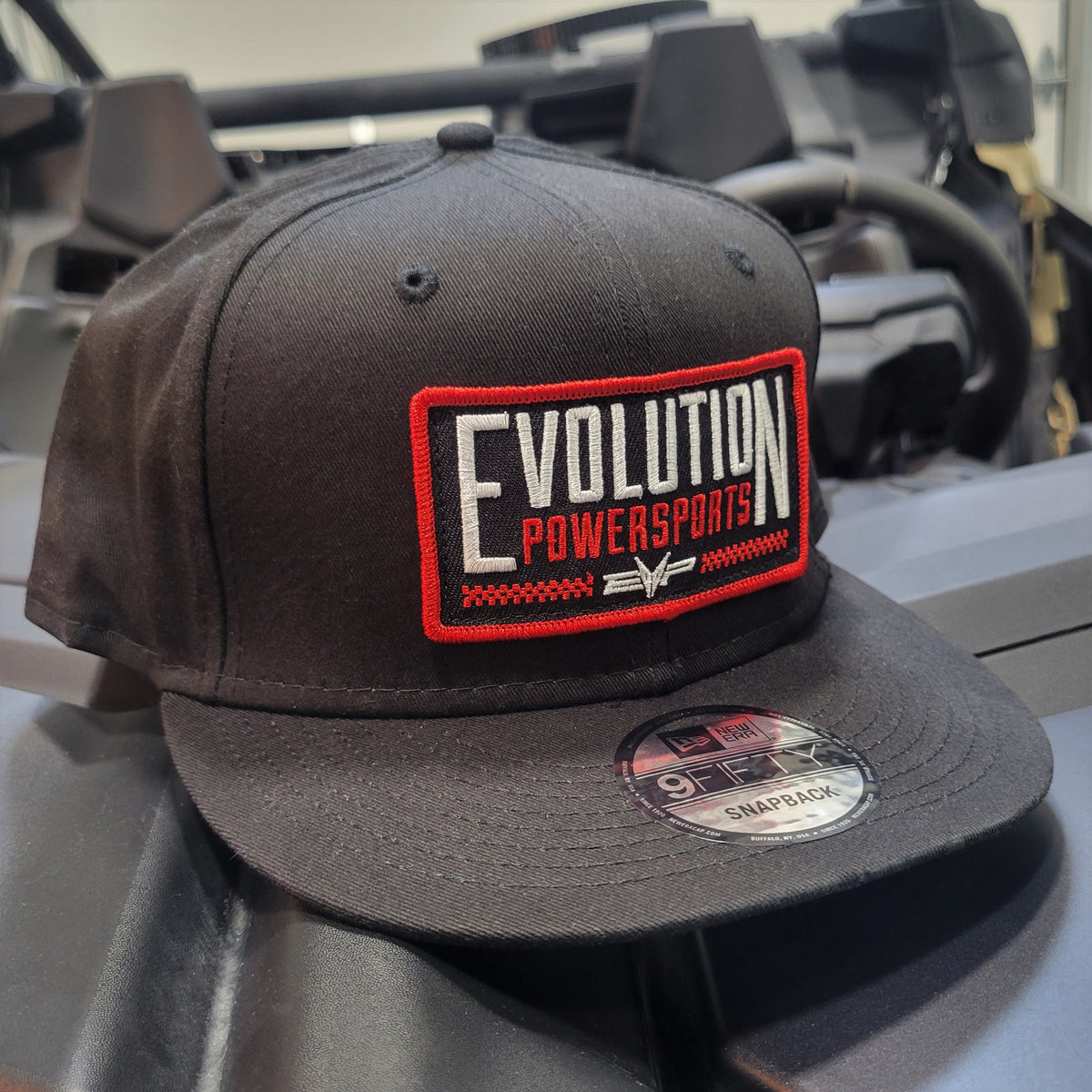 Checkered Patch Snapback Hat, Black Canvas