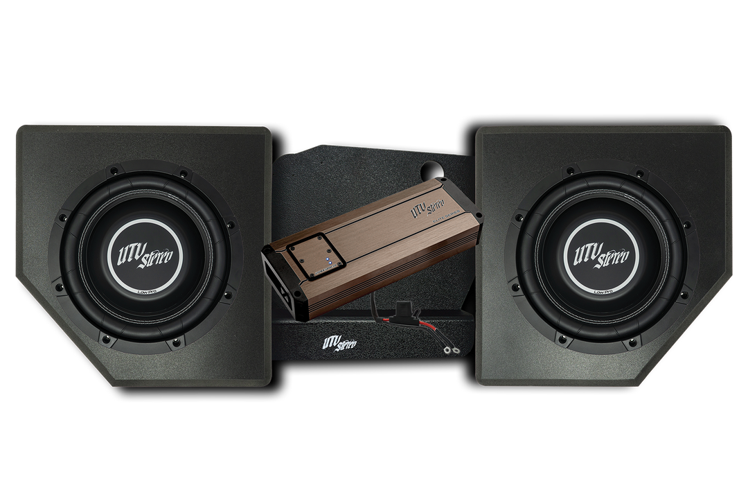 UTV Stereo Elite Series amplifier and two Low Pro subwoofers in black enclosures