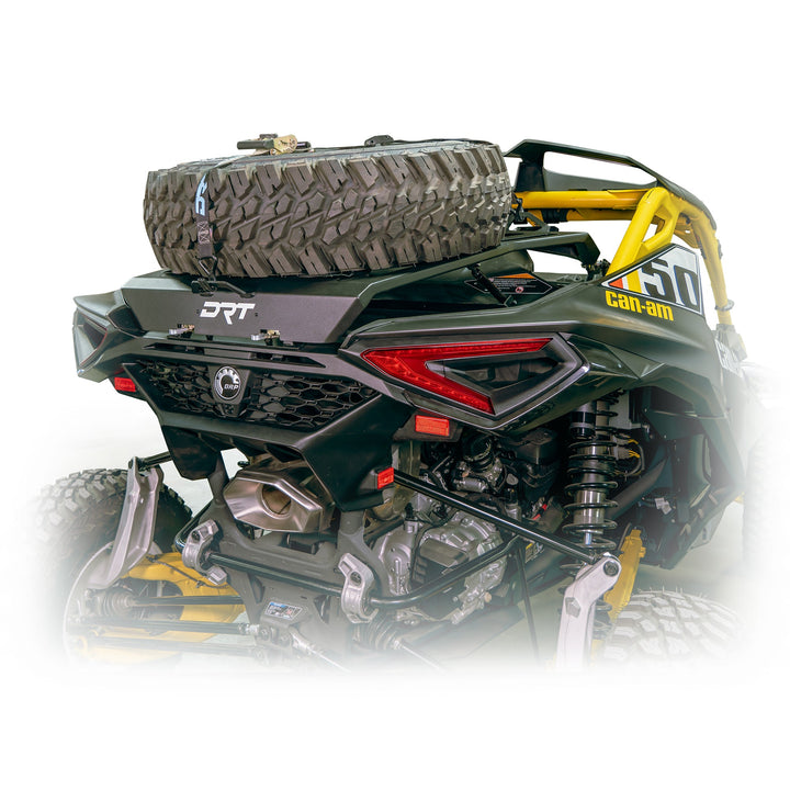 Adventure rack with boxed frame style tire carrier for Maverick R offroad use