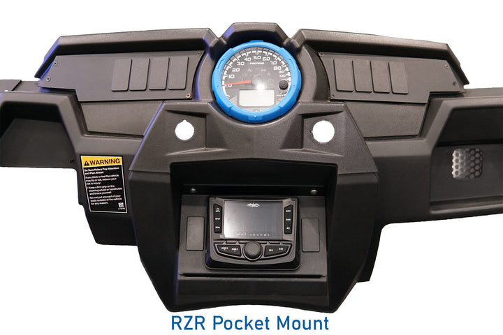 UTV Stereo RZR pocket mount installed in a Polaris dashboard
