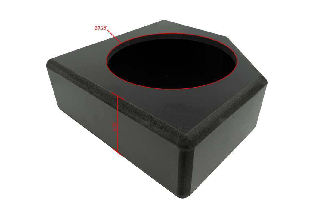 Black subwoofer enclosure with 9.25 inch diameter cutout and 4.25 inch depth measurement