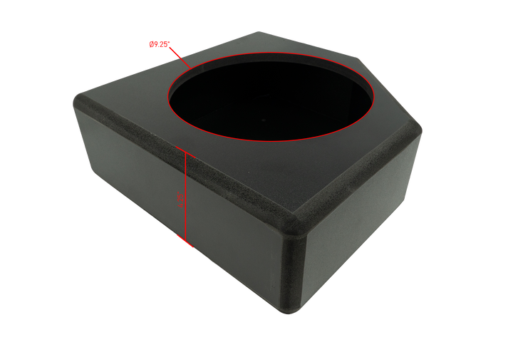 Black subwoofer enclosure with 9.25 inch diameter cutout and 4.25 inch depth measurement