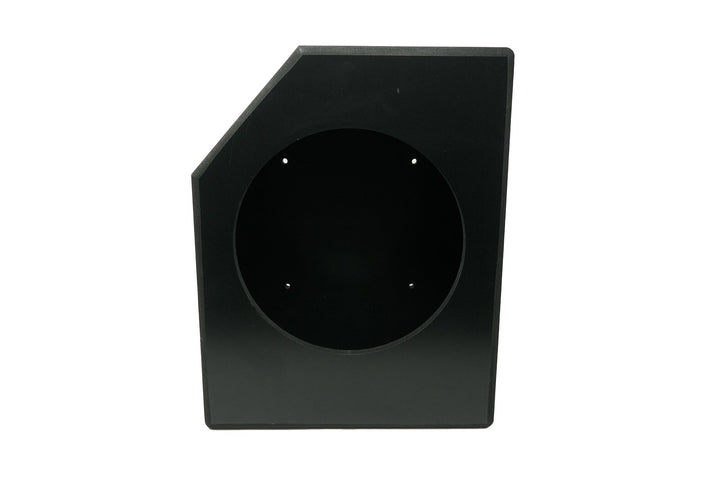 Black angled subwoofer enclosure box with a circular speaker cutout