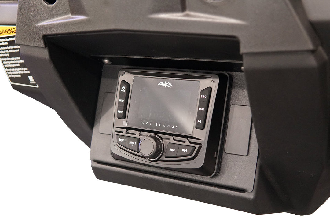 Wet Sounds marine stereo head unit mounted in a vehicle dashboard