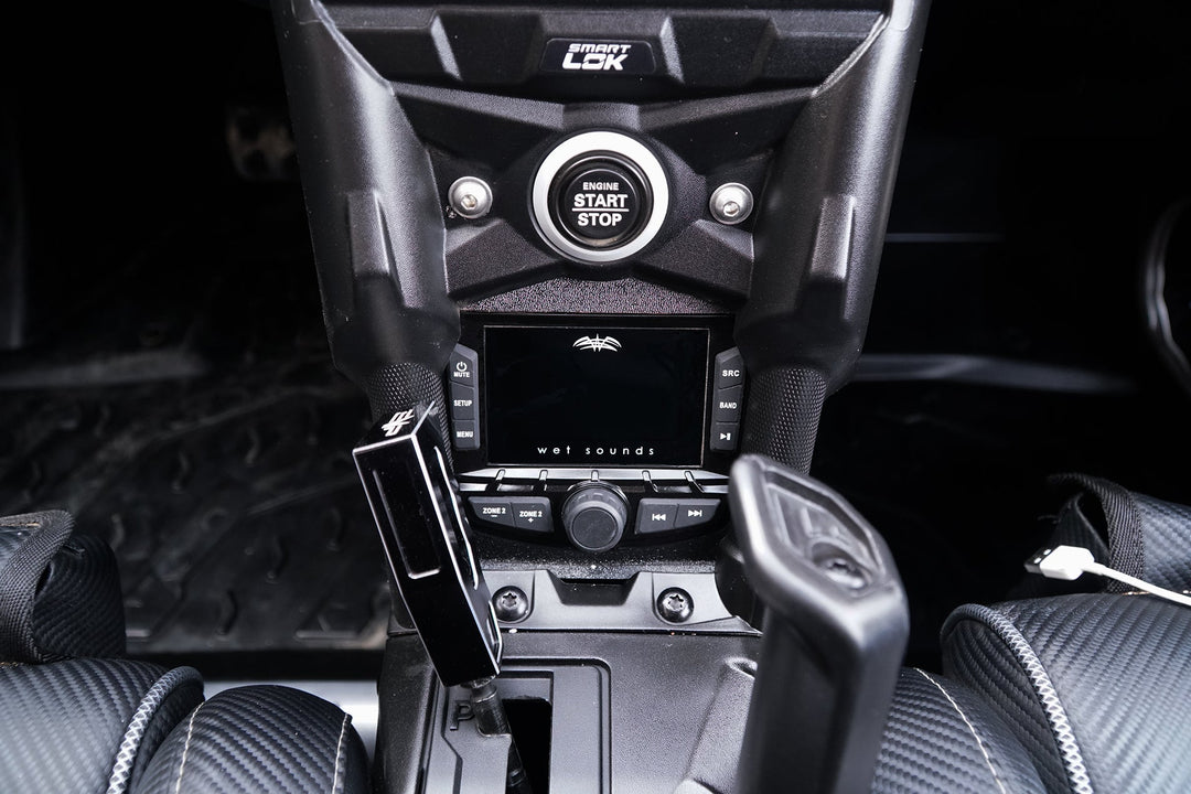 Wet Sounds head unit installed in UTV Stereo center console
