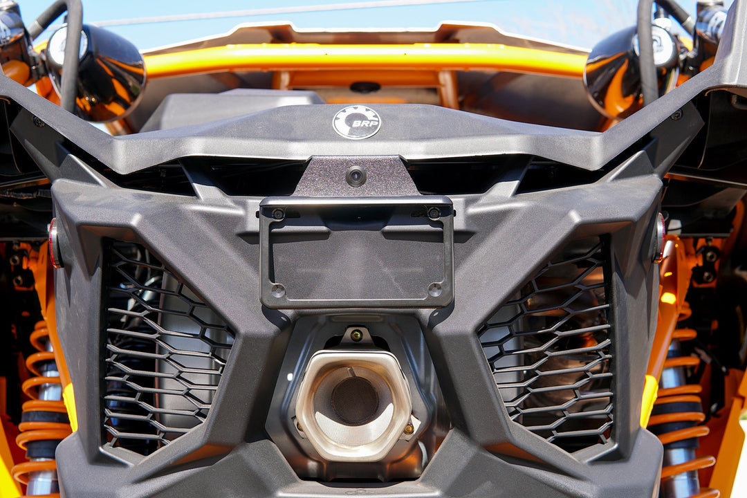UTV Stereo backup camera mounted on a UTV rear license plate bracket