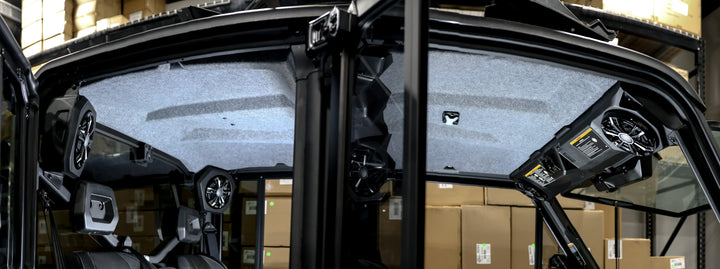 Interior view of UTV roof liner with integrated audio speakers