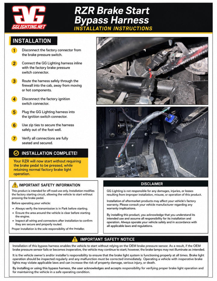 Rzr Pro 2022+ Brake Bypass Harness
