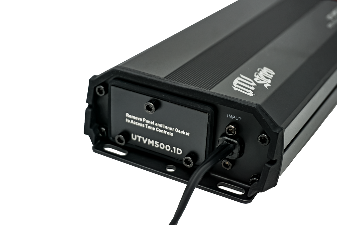 UTV Stereo UTVM500 1D amplifier input panel with tone control access instructions