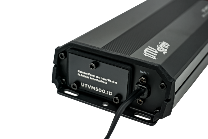 UTV Stereo UTVM500 1D amplifier input panel with tone control access instructions