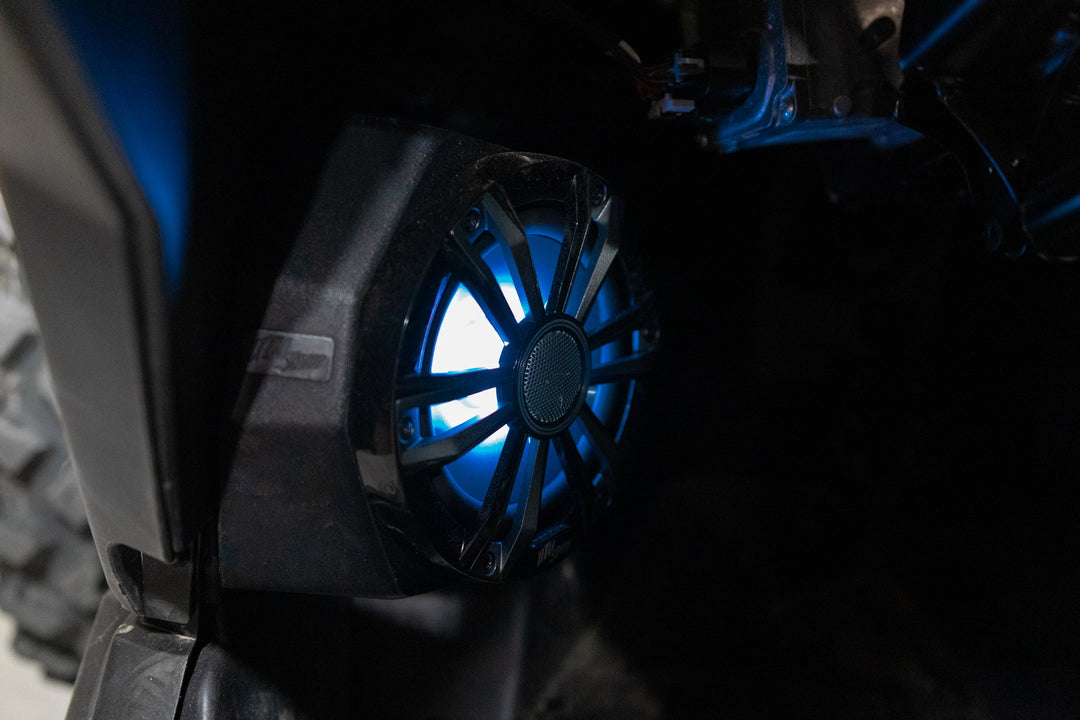 Black UTV Stereo speaker with blue LED backlighting