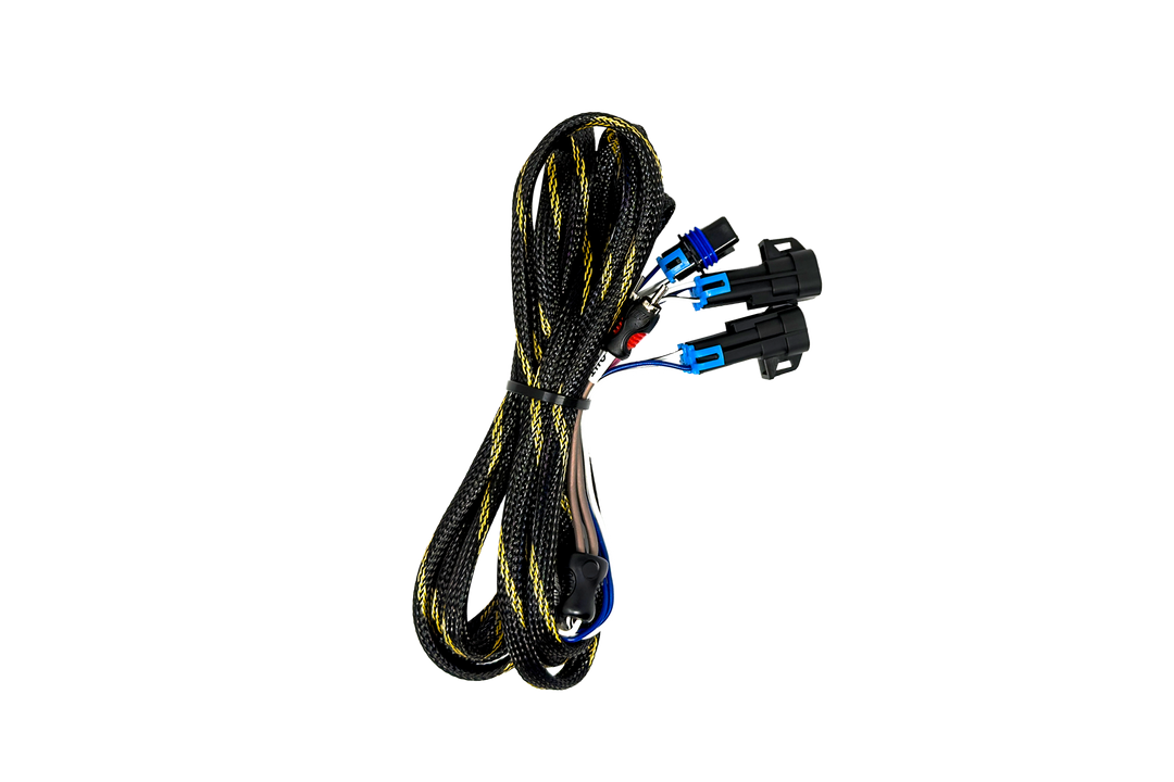 Automotive wiring harness with black and yellow braided sleeve and three electrical connectors