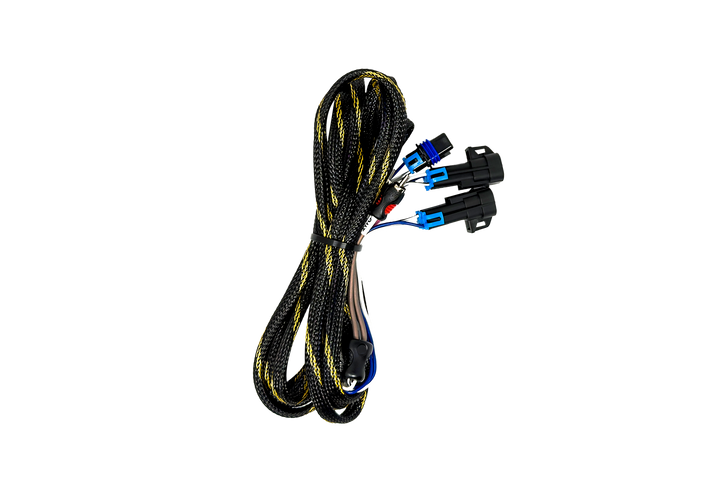 Automotive wiring harness with black and yellow braided sleeve and three electrical connectors