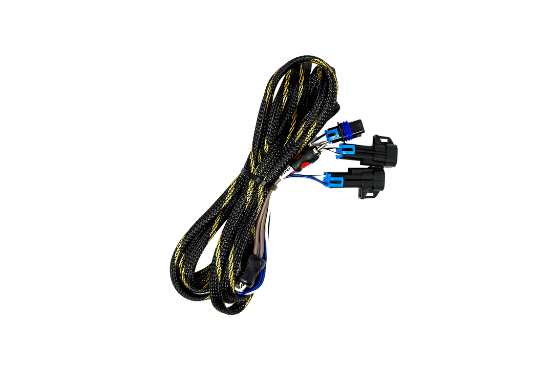Black and yellow braided wiring harness with three black plastic connectors and blue seals