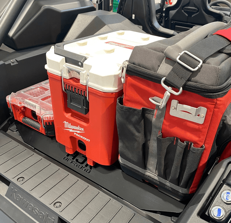 Kawasaki KRX Packout Mount 1.5 by AJK Offroad right side view of a kit with two coolers installed