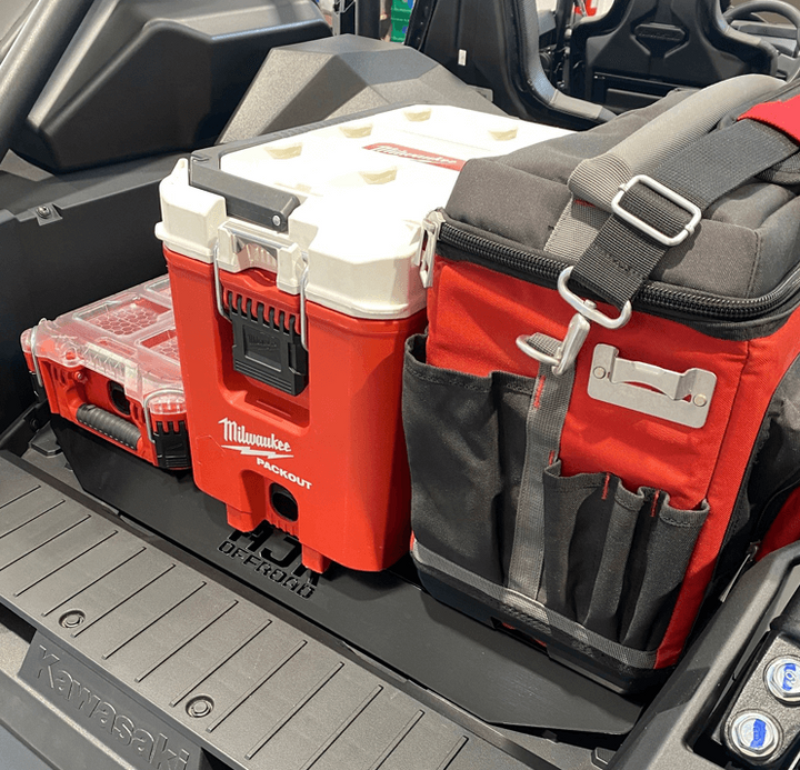 Kawasaki KRX Packout Mount 1.5 by AJK Offroad right side view of a kit with two coolers installed