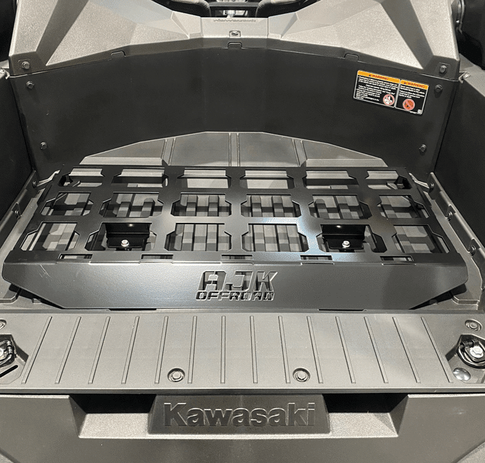 Kawasaki KRX Packout Mount 1.5 by AJK Offroad front view of empty installed packout mount