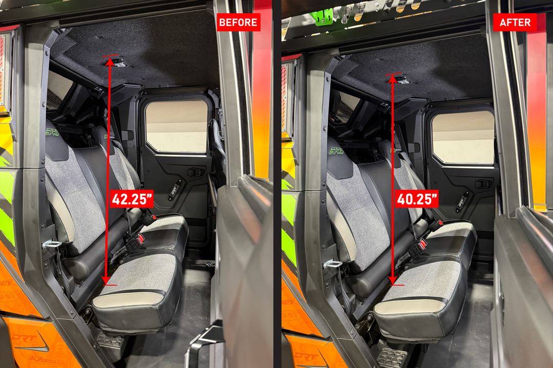 UTV Stereo before and after comparison showing vehicle interior height measurements of 42.25 inches and 40.25 inches