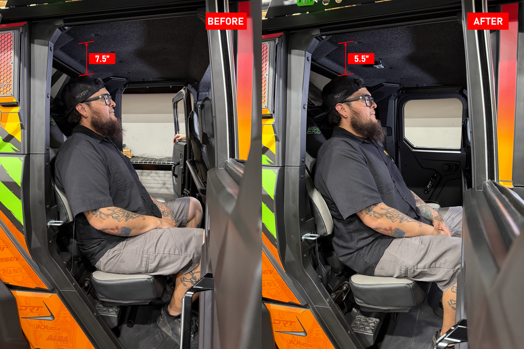 UTV Stereo side by side comparison showing head clearance before and after roof installation